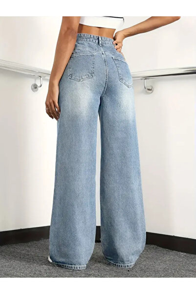 MAKRAS EXCLUSIVE Emilia Kadın Buz Mavi Palazzo Jeans Likralı Süper Yüksek Bel Salaş Denim Kot Pantolon