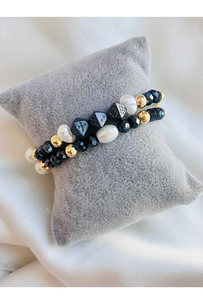 COCOSH TAKI Crystal Gray Stone Pearl and Gold Detailed Multi-Combination Bracelet