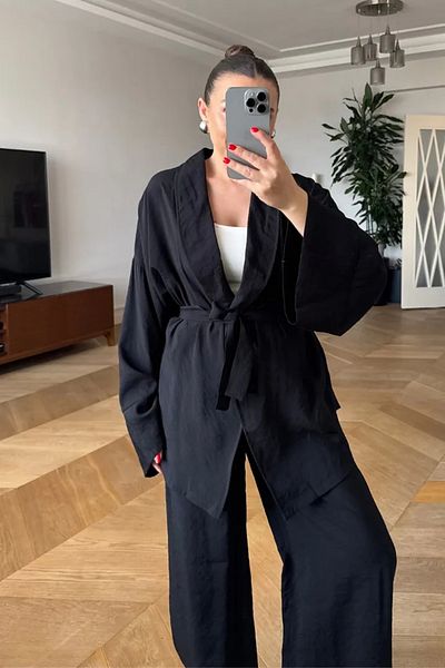 Tuba Butik Modal Shawl Collar Kimono Pants Women's Set