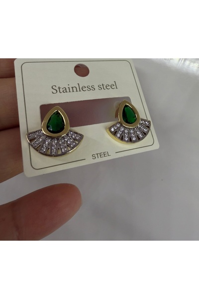 N AKSESUARLAR TARZ ÇELİK TAKI ÇELİK ZÜMRÜT YEŞİL ZİRKON TAŞLI ŞII YELPAZE MODEL KÜPE