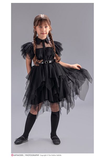 ABİYEKİDS Wednesday Prom Dress Party Costume Black Kids Dress Aby228
