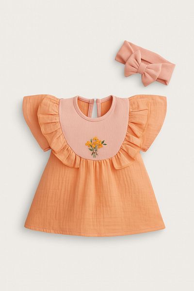 VEGAMOD Summer Baby Girl Muslin Dress with Embroidered Collar and Bands 6-9-12-18-24 Months