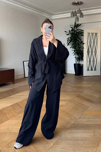 Tuba Butik Modal Shawl Collar Kimono Pants Women's Set