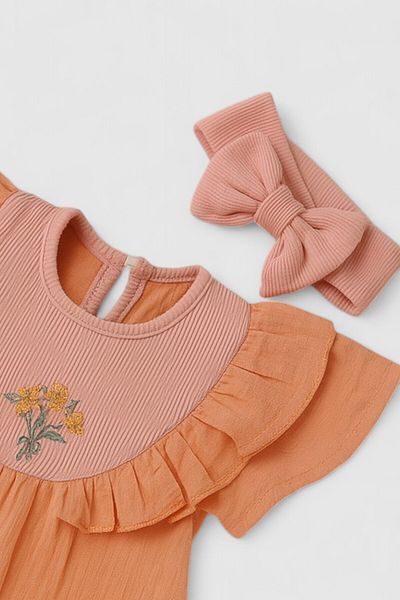 VEGAMOD Summer Baby Girl Muslin Dress with Embroidered Collar and Bands 6-9-12-18-24 Months