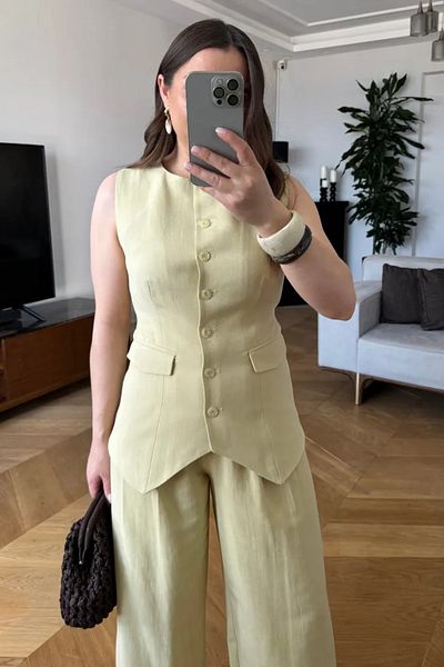 Tuba Butik Crew Neck Linen Blend Women's Vest