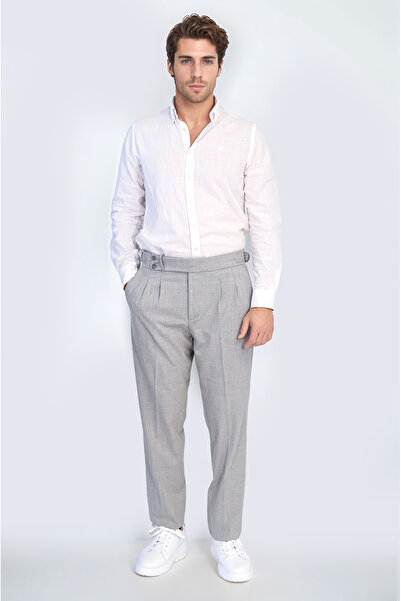 Wessi Gri Çift Pileli Tokalı Yüksek Bel Slim Fit Pantolon – Wessi