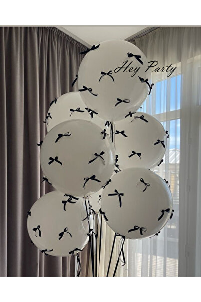 PartyPoo Siyah Fiyonk Kurdeleli - beyaz Balon Seti 10'lu Doğum Günü Seti Fiyo...