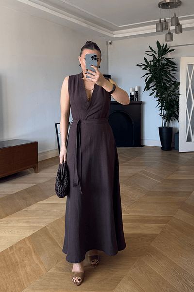 Tuba Butik Double Breasted Collar Linen Zero Sleeve Long Dress