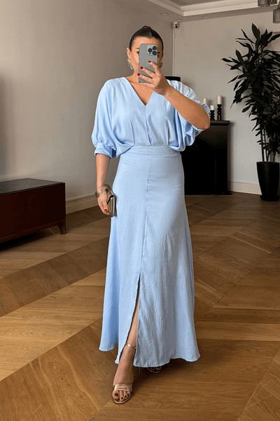 Tuba Butik V-Neck Short Sleeve Long Dress