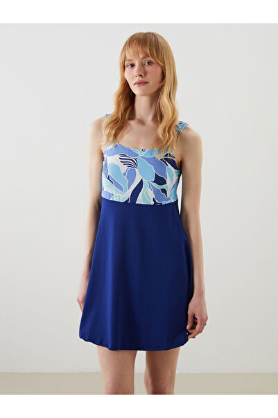 LC Waikiki Lcw Dream Blue U-Neck Patterned Women's Skirt Swimsuit