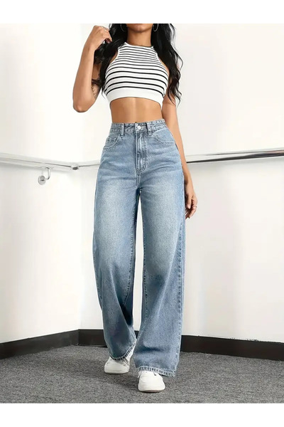 WODDİ Emilia Kadın Buz Mavi Palazzo Jeans Likralı Süper Yüksek Bel Salaş Deni...