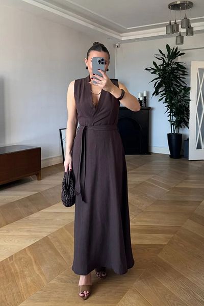 Tuba Butik Double Breasted Collar Linen Zero Sleeve Long Dress