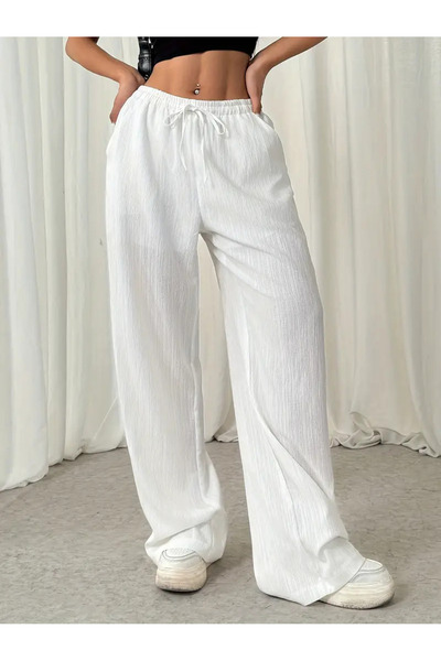 beeke Else Kadın Beyaz İnce Kumaş Beli Lastikli Yüksek Bel Bol Paça Yan Cepli...