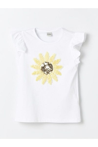 LC Waikiki Tricou alb pentru fetiță, cu mânecă scurtă, brodat cu decolteu