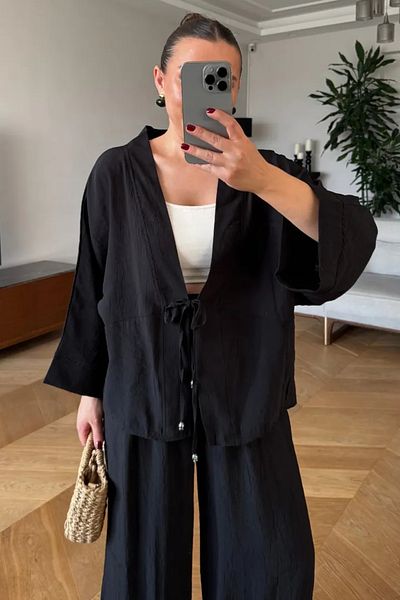 Tuba Butik Tie Detailed Kimono Pants Women's Set
