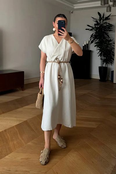 Tuba Butik فستان متوسط ​​الطول من مزيج الكتان ذو ياقة مزدوجة