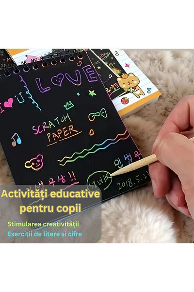 Tim Set 4 caiete cu file razuibile, Magic Scratch, 10 File, Curcubeu, Creion din Lemn, Cartonase negre