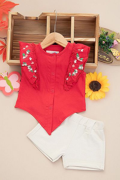 VEGAMOD Summer Baby Girl Flower Printed Shoulder Ruffle Zero Sleeve 6-9-12-18-24 Months Set