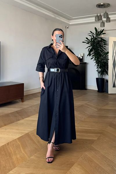 Tuba Butik Belted Long Shirt Dress