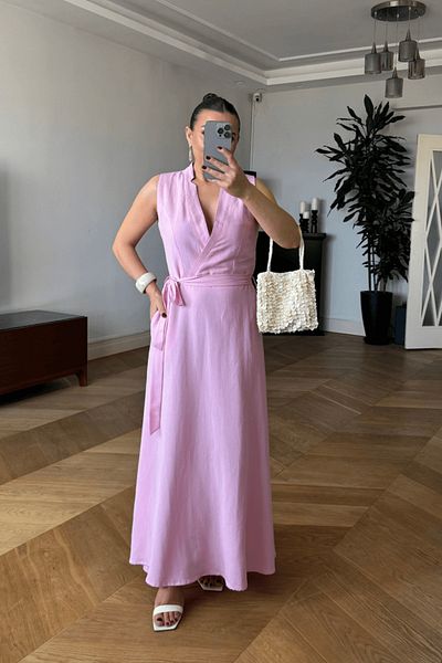 Tuba Butik Double Breasted Collar Linen Zero Sleeve Long Dress