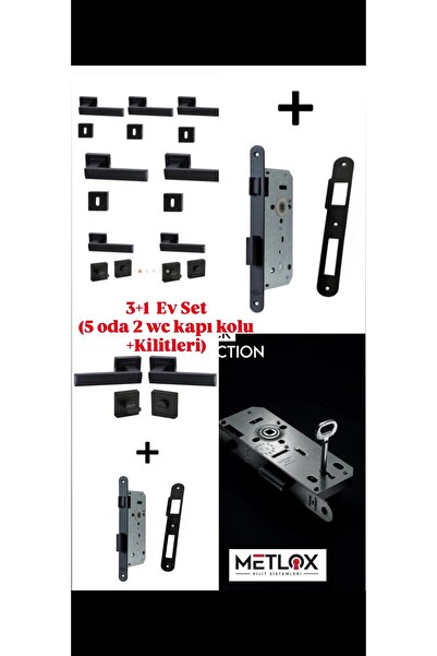 merveuras SİYAH KARE ROZET KAPI KOLU KİLİT SET 3+1 ODA WC (7 TAKIM)