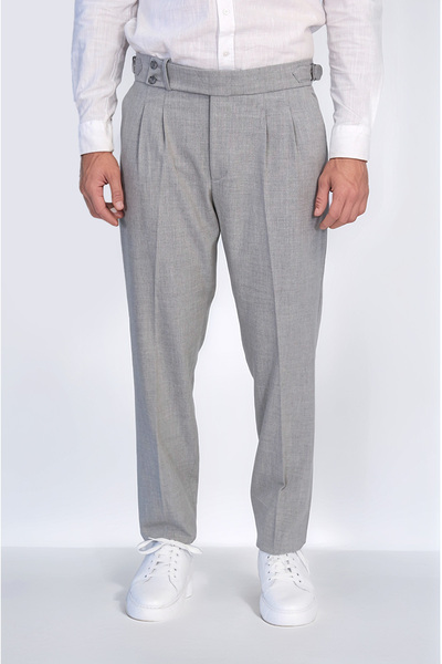 Wessi Gri Çift Pileli Tokalı Yüksek Bel Slim Fit Pantolon – Wessi