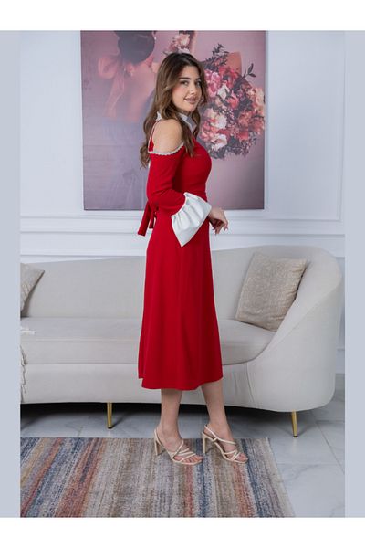 Nice Model Red Midi Dress with White Contrast Sleeves Off Shoulder Elegant Formal Crepe for Women