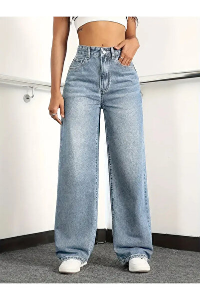 MAKRAS EXCLUSIVE Emilia Kadın Buz Mavi Palazzo Jeans Likralı Süper Yüksek Bel Salaş Denim Kot Pantolon