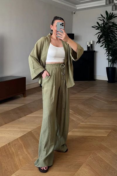 Tuba Butik Tie Detailed Kimono Pants Women's Set