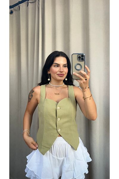 Butik Khaki Linen Buttoned Vest