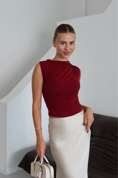 NATUFIAN STORE Kadın Drapeli-Büzgülü Sıfır Kol Basic Sandy Bluz