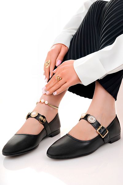 Firibu Women's Ballerinas Black Strappy Belted Lightweight Comfortable Stylish Business Office Daily Shoes Stone Buckle