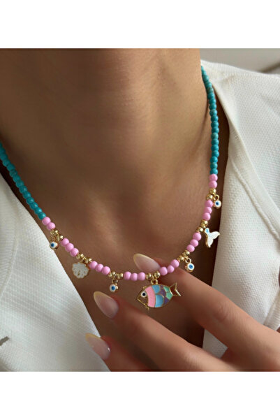 AychaAksesuar Pembe mavi renkli nazar boncuklu balık kolye