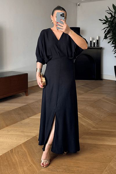 Tuba Butik V-Neck Short Sleeve Long Dress