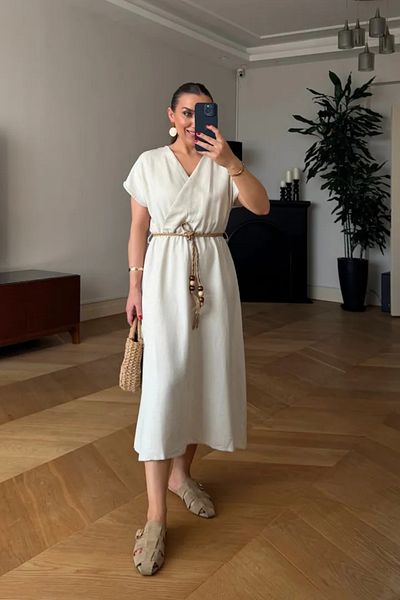 Tuba Butik فستان متوسط ​​الطول من مزيج الكتان ذو ياقة مزدوجة