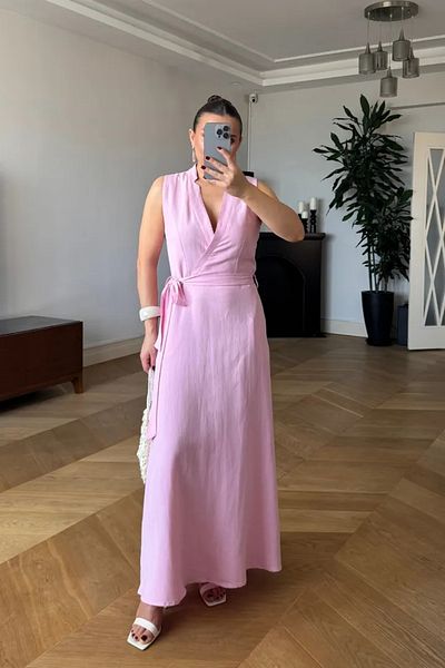 Tuba Butik Double Breasted Collar Linen Zero Sleeve Long Dress
