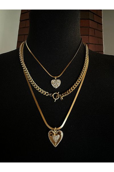 NFS BUTİK Italian Chain Steel Multiple Combination Necklace Heart Model-3 Pcs