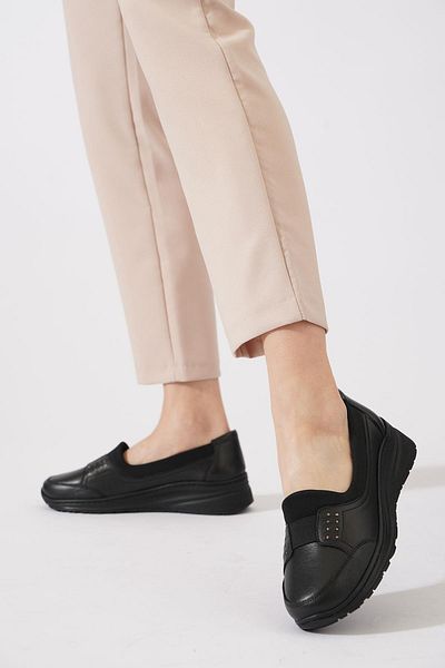 Moda Pie Lomeste Wide Elastic Women's Genuine Leather Shoes Black Skin