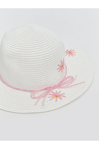 LC Waikiki LCW ACCESSORIES Weißer Strohhut für Mädchen mit Blumenstickerei