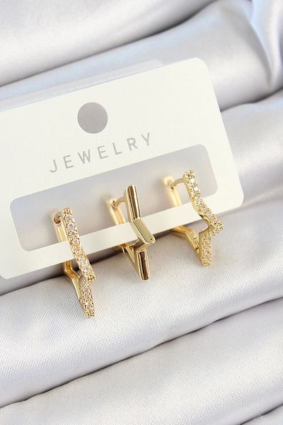 Clariss Brass Zircon Stone Star Model Gold Color 3-Piece Double Women's Earring Set
