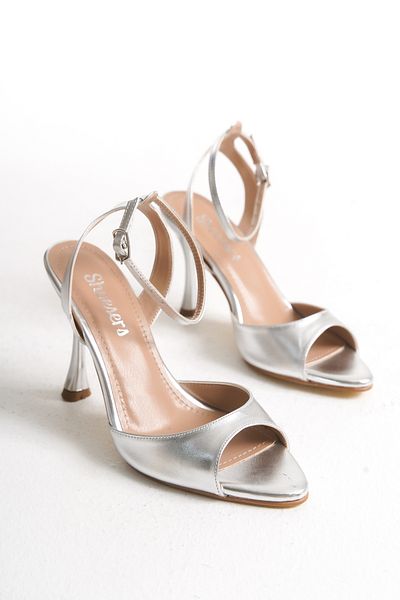 Shoesers Women's Special Design Ankle Strap Single Strap Silver Stiletto Thin High Heeled Evening Dress Shoes