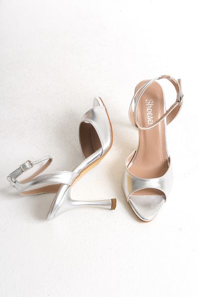 Shoesers Women's Special Design Ankle Strap Single Strap Silver Stiletto Thin High Heeled Evening Dress Shoes