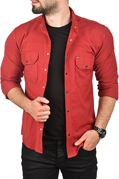 DeepSEA Erkek Bordo Likralı Çıtçıtlı Çift Cepli Dikiş Detaylı Kot Gömlek 2300419