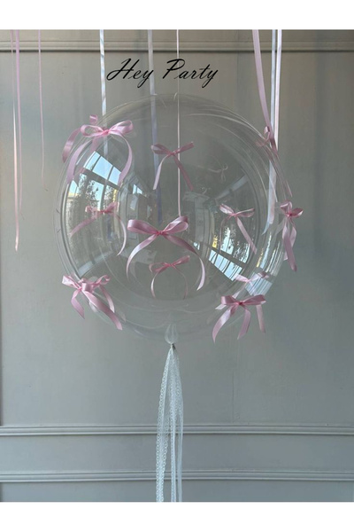 PartyPoo 10 Adet Açk Pembe Fiyonk Kurdeleli - 1 Adet Şeffaf Bobo Balon Seti -...