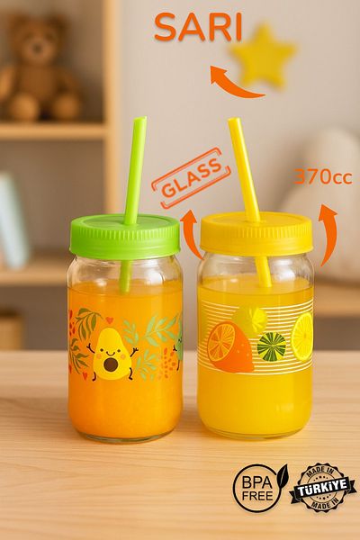 MUF HOME Patterned Glass Cup with Straw |   Bpa Free Smoothie Milk Juice Cup for Kids 370Cc
