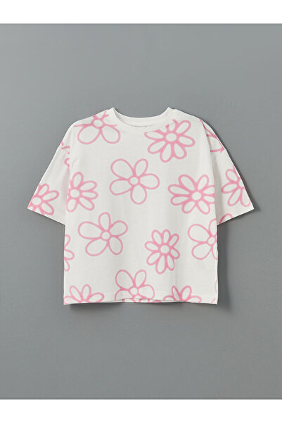 LC Waikiki Lcw Kids Ecru Rundhalsausschnitt Floral Mädchen Crop T-Shirt