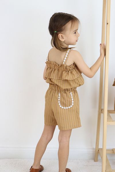 FESSHERA KİDS 💜 Girls' Strappy Striped Shorts Set – Ruffle and Floral Embroidery Detail 💜