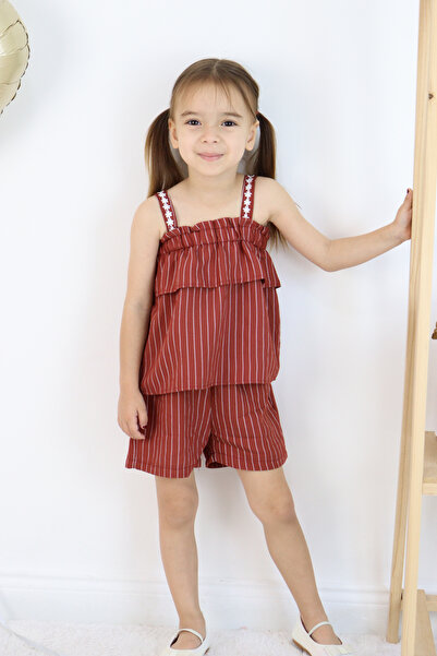 FESSHERA KİDS 💜 Girls' Strappy Striped Shorts Set – Ruffle and Floral Embroidery Detail 💜
