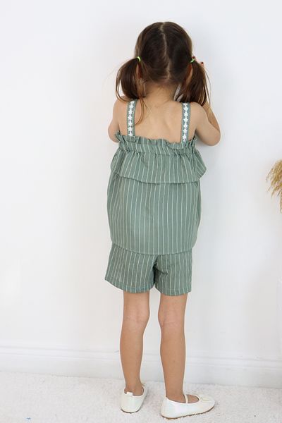 FESSHERA KİDS 💜 Girls' Strappy Striped Shorts Set – Ruffle and Floral Embroidery Detail 💜