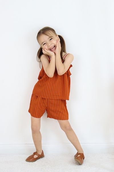 FESSHERA KİDS 💜 Girl's Strappy Striped Shorts Set – Ruffle and Floral Embroidery Detail 💜